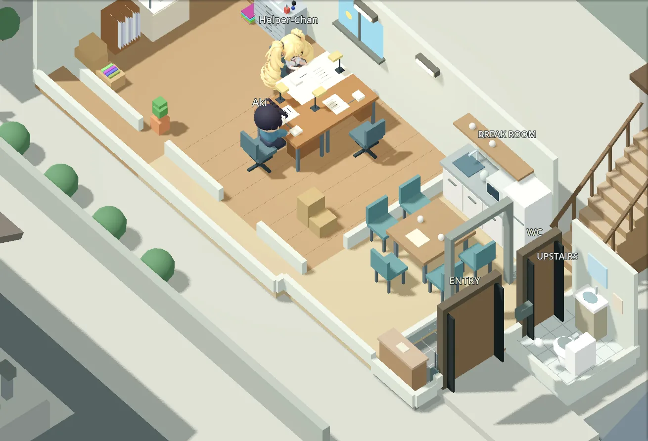 The game's 3D studio: Aki and Helper-Chan working at their desks in the family home, with the break room and stairs beside them